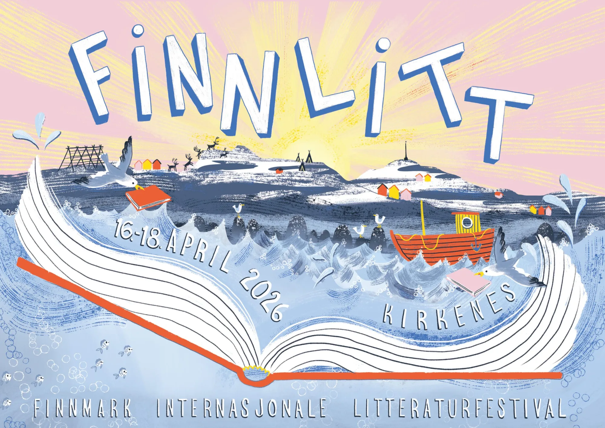 Festivalplakaten for Finnlitt 2026: en åpen bok blir til hav under fjellene ved Kirkenes, med båt, måker, reinsdyr og sol. Tekst: Finnlitt, 16.–18. april 2026, Kirkenes.
